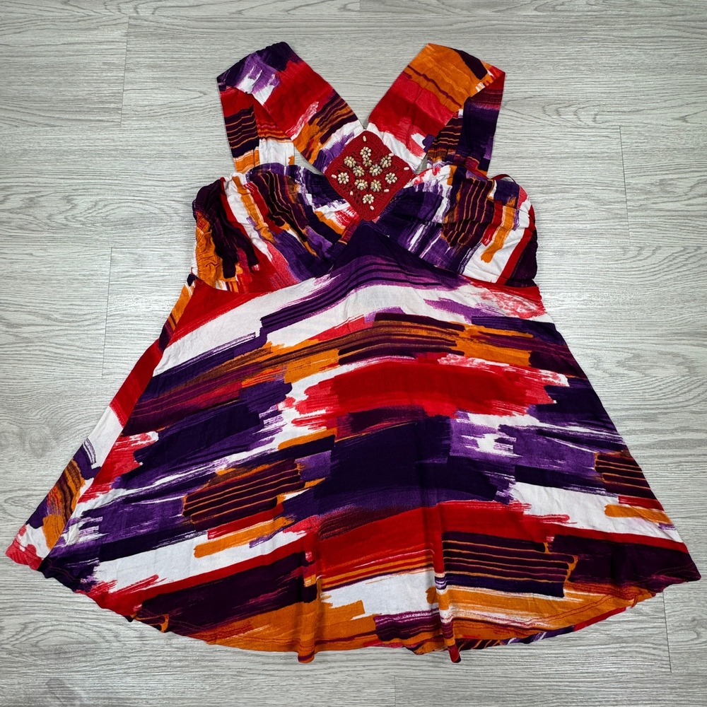 Andrea‎ Behar Boston Proper Women Halter Top Abstract Print Beaded Multicolor